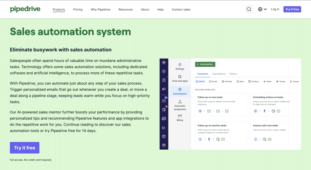 Pipedrive's sales automation system landing page overview
